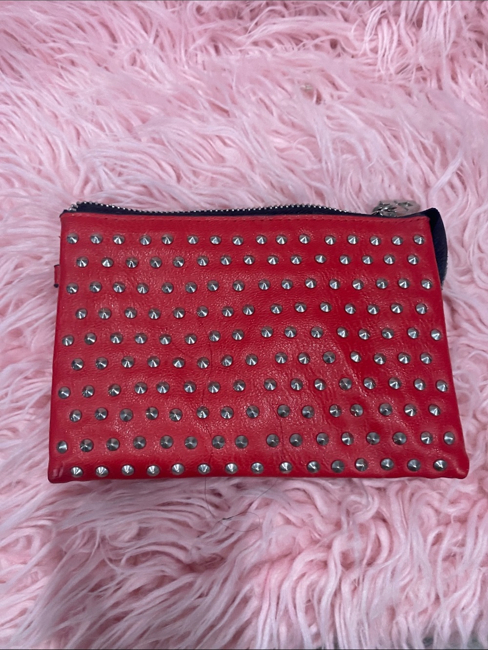 Zara Red Studded Leather Wristlet with Silver Chain